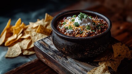 Chili Con Carne with Sour Cream and Cheese in Earthenware Bowl on Wooden Table