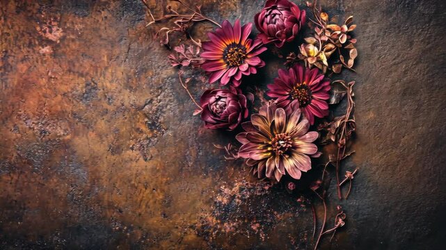 Beautiful dried flowers arranged in heart shape on rustic wooden background in soft natural light