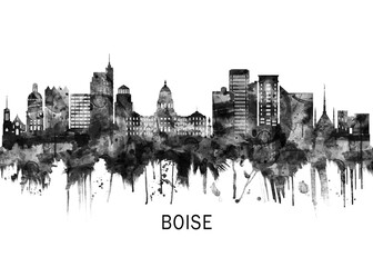 Fototapeta premium Boise Idaho Skyline BW ,city landscape banner district business print painting watercolor