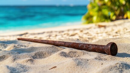 Ancient harpoon resting on sandy beach, partially buried with weathered wooden handle and rusted metal tip, evoking historical maritime heritage and archaeological significance