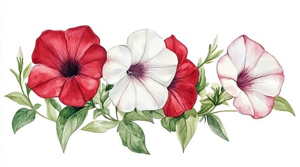 Watercolor Painting of Red and White Petunias with Green Leaves