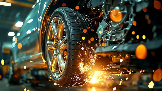 Mechanics repair engine restoration. A close-up of a car's tire in a workshop, showcasing sparks flying as it undergoes maintenance or repair.