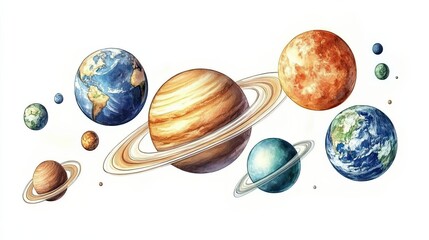 Watercolor Painting of Planets and Rings in Space