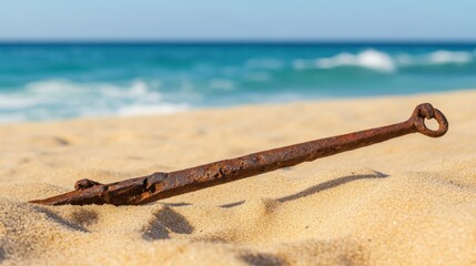 Ancient harpoon resting on sandy beach, partially buried with weathered wooden handle and rusted metal tip, evoking historical maritime heritage and archaeological significance