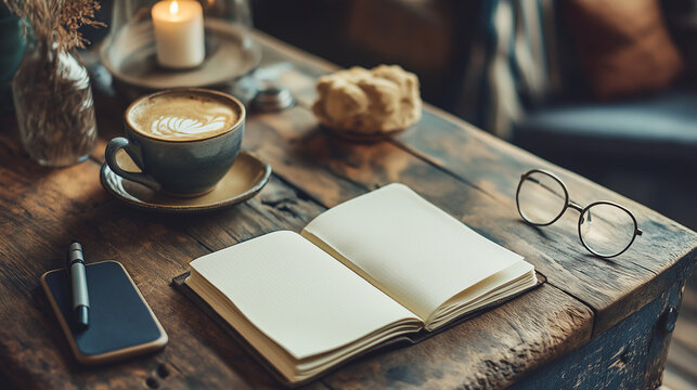 A rustic coffee shop table with an open notebook, latte, and candlelight - Powered by Adobe