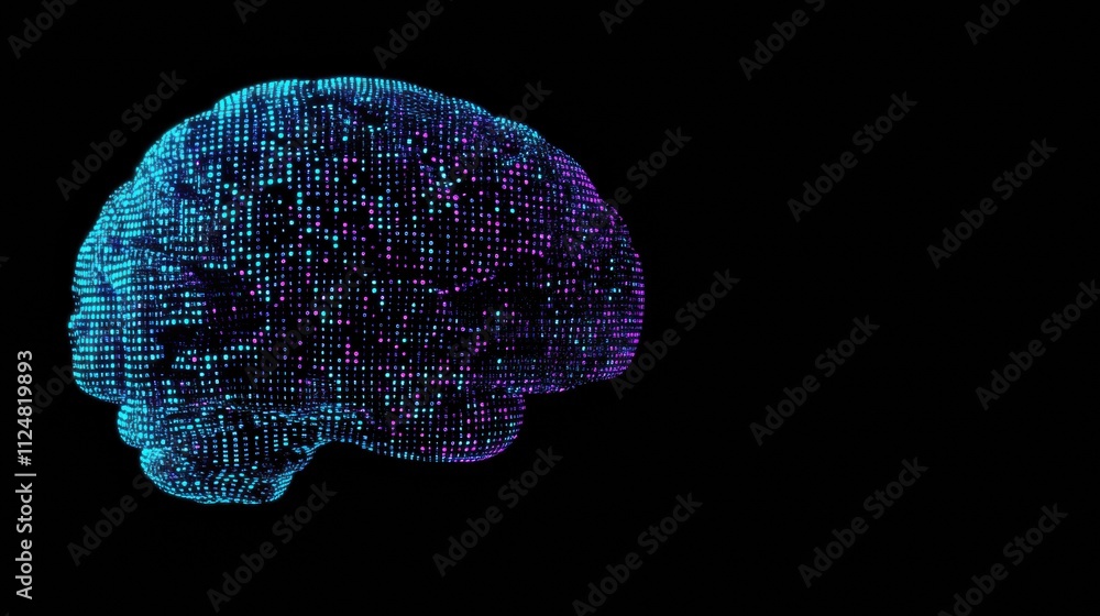 Poster a vibrant representation of a futuristic brain composed of digital grids and binary code against a d