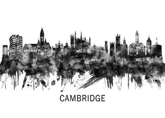 Cambridge England Skyline BW ,city landscape banner district business print painting watercolor