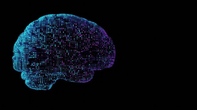 A vibrant representation of a futuristic brain composed of digital grids and binary code against a dark backdrop, ideal for text overlay. Generative AI