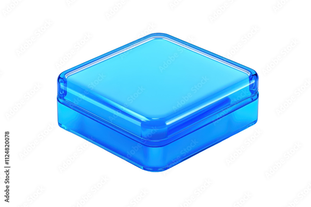 Poster A luminous blue square container with a smooth surface and rounded edges, designed for storage or display.