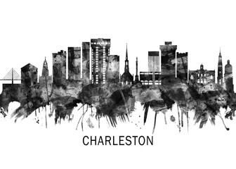 Obraz premium Charleston South Carolina Skyline BW ,city landscape banner district business print painting watercolor