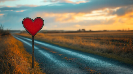 A Fiery Heart in a Cloud-Kissed Sky. A breathtaking digital painting of a fiery heart suspended in a vibrant sunset sky above a pathway through fluffy clouds.