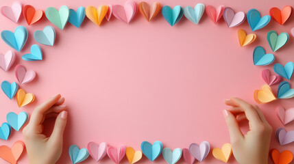 Colorful hearts and female hands on the soft pink background, St.Valentine's day  concept
