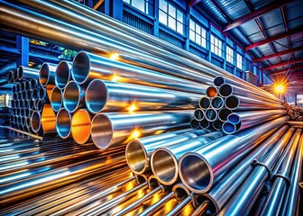 Candid Photography of High-Quality Aluminum and Steel Pipes in Industrial Setting, Capturing the Intricacies of Metalwork, Manufacturing Processes, and Structural Design