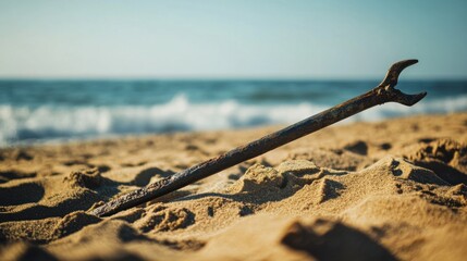 Ancient harpoon resting on sandy beach, partially buried with weathered wooden handle and rusted metal tip, evoking historical maritime heritage and archaeological significance