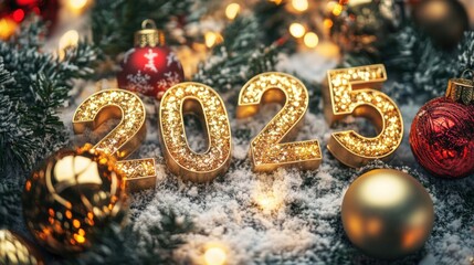 Golden numbers 2025 with festive ornaments on a soft background celebrating the new year