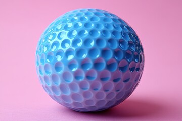 A blue textured ball against a pink background, resembling a golf ball design.