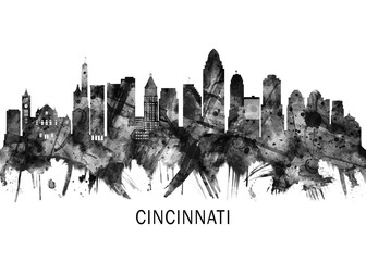 Cincinnati Ohio Skyline BW, city landscape banner district business print painting watercolor
