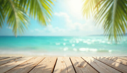Summer Table And Sea With Blurred Leaves Palm And Defocused Bokeh Light On Ocean - Wooden Plank In Abstract Landscape