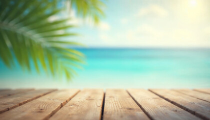Fototapeta premium Summer Table And Sea With Blurred Leaves Palm And Defocused Bokeh Light On Ocean - Wooden Plank In Abstract Landscape