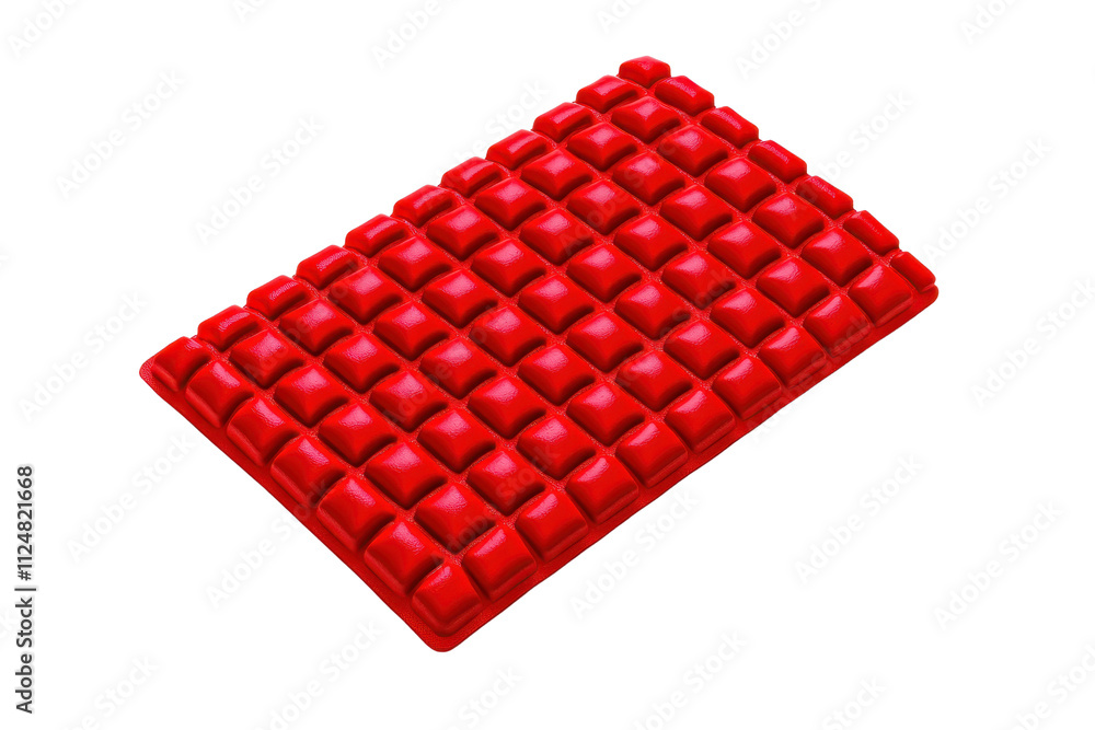 Poster a vibrant red chocolate bar with a textured surface featuring multiple square-shaped segments.
