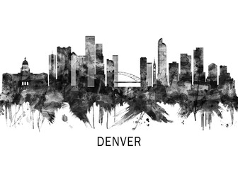 Obraz premium Denver Colorado Skyline BW, city landscape banner district business print painting watercolor