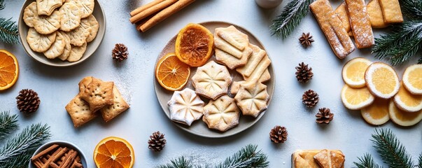 Fototapeta premium Christmas cookies decorated with fir branches, cinnamon sticks and dried orange slices