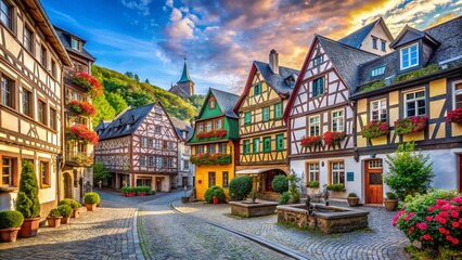 Naklejka premium Candid Photography of the Charming Old Town Center of Bacharach, Germany, Showcasing Historic Architecture, Cobblestone Streets, and Vibrant Local Culture in a Picturesque Setting