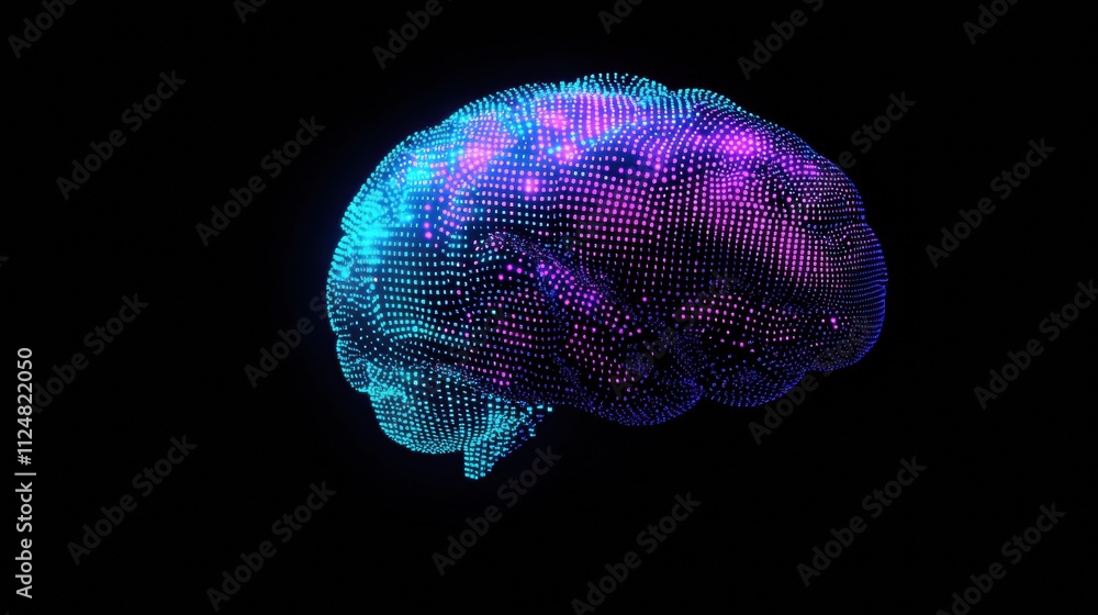 Poster a glowing brain constructed from digital grids and binary code showcases advanced technology in a da