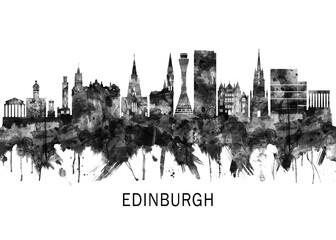 Obraz premium Edinburgh Scotland Skyline BW, city landscape banner district business print painting watercolor