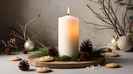Still life with spa candles on light background