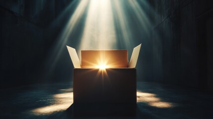 Mysterious glowing box under dramatic light rays.