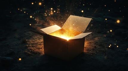 Open box with glowing light and sparkles at night