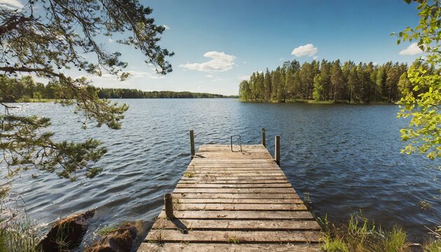 Beautiful lake on a summer day Sun shining on forest 