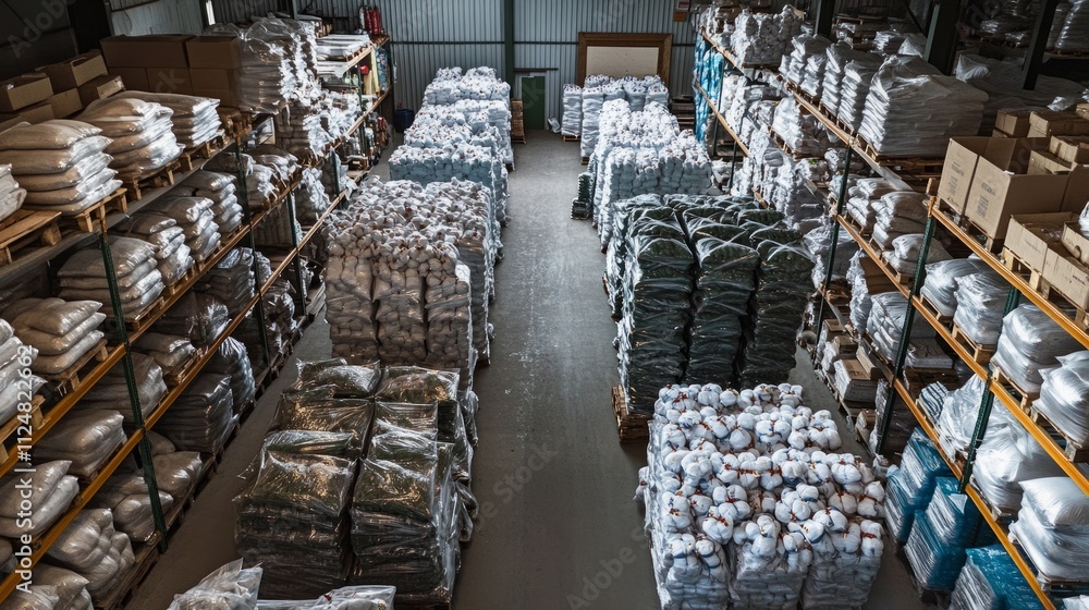 Poster overhead view of a warehouse filled with bags of products stored on racks in a clean environment
