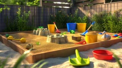 A well-maintained sandbox with toys like shovels, buckets, and molds for building sandcastles.
