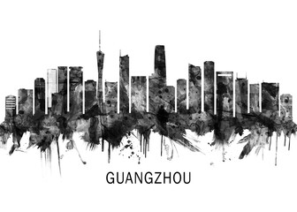 Fototapeta premium Guangzhou China Skyline BW, city landscape banner district business print painting watercolor