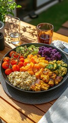 Fototapeta premium Colorful vegan dish with fresh vegetables and grains arranged on a beautifully laid outdoor table, perfect for healthy dining