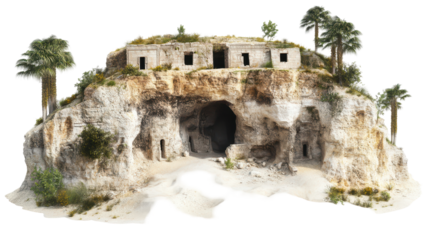 Ancient cave dwellings on a rocky landscape. transparent background
