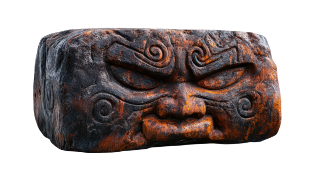 Ancient carved stone with fierce expressions. transparent background