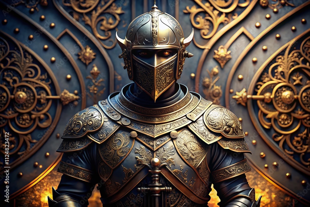 Poster captivating 3d illustration of metallic armor texture featuring intricate medieval patterns, perfect