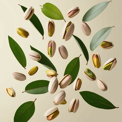 Explore the aesthetics and symbolism of the floating pistachios and leaves in this image. How do the colors, textures, and arrangement contribute to a sense of dynamism and freshness? Discuss the sign