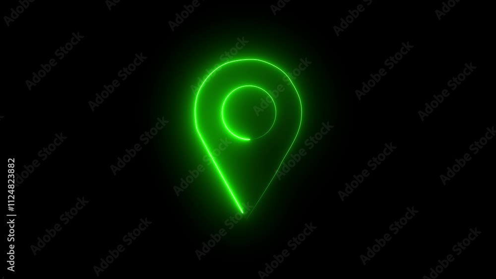 Poster glowing neon green color location animation icon searching place address travel direction road signs