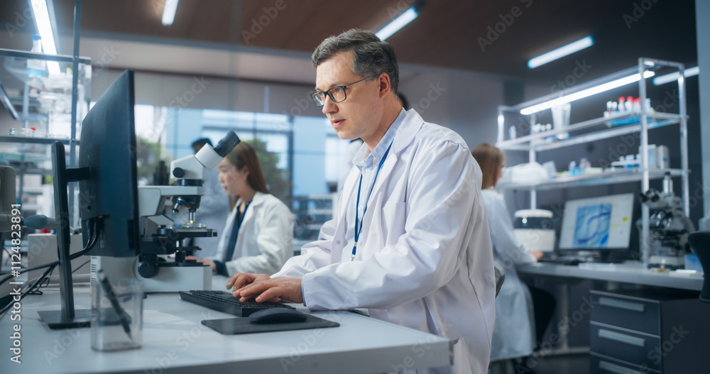 Poster team of diverse male and female medical research scientists work on a new generation medical product