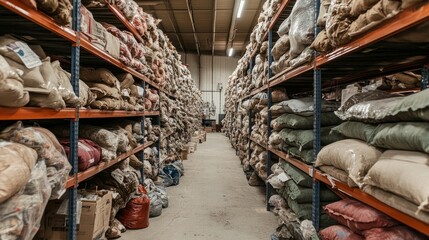Warehouse interior with tall shelving units filled with bags of packaged goods and raw materials