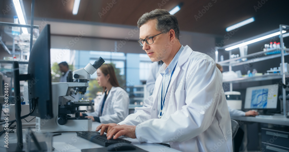 Poster handsome adult scientist wearing glasses and a white lab coat, studying dna samples and evaluating d