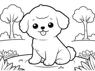 Adorable Cartoon Puppy in a Park: A Coloring Page Featuring a Cute Dog Sitting in a Garden Setting with Trees and Flowers