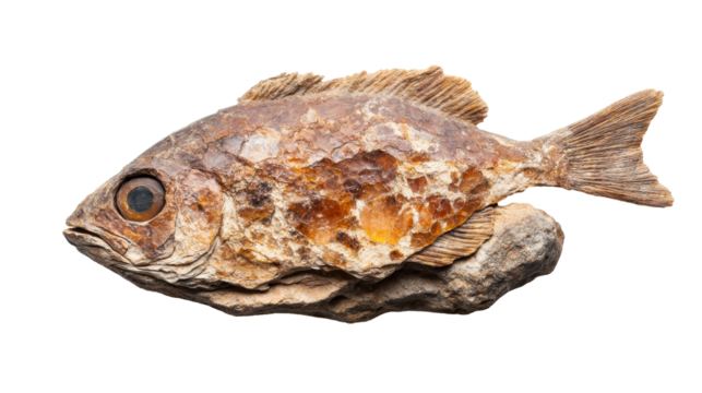 Fossilized fish specimen on display. transparent background