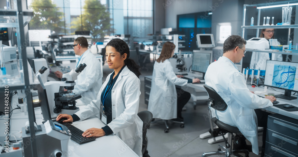 Leinwandbilder Multiethnic Biotechnologists Studying Genetic Samples Under a Microscope and Researching Data on Computer in Order to Develop New Medical Products. Group of Scientists Working in a Laboratory