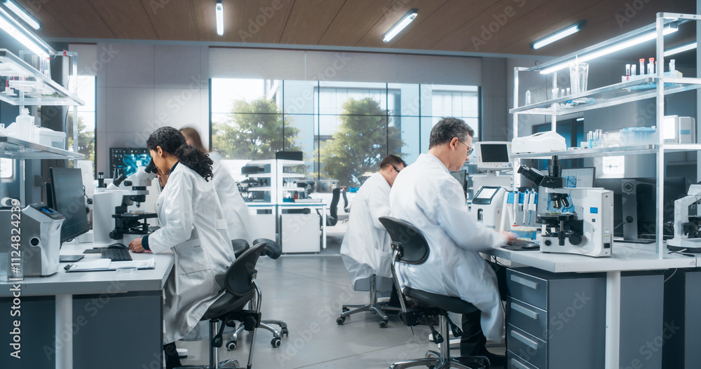 Poster Team of Research Scientists Using Microscopes and Computers, Analyzing Test Trial Data of a New Generation Medical Drug. Diverse Men and Women Working in a Modern Bioengineering Laboratory