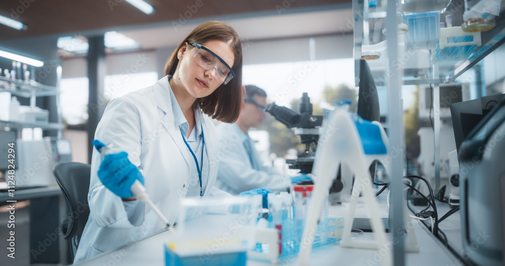 Aufkleber Caucasian Female Research Scientist Using Micropipette to Mix Liquids in a Test Tube in a Modern Laboratory. Scientists are Conducting Research with the Help of Microscopes and Desktop Computers